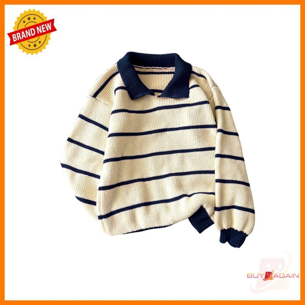 Oversized Knit Pullover Sweater Preppy Striped Collared Long Sleeve Fall Wear